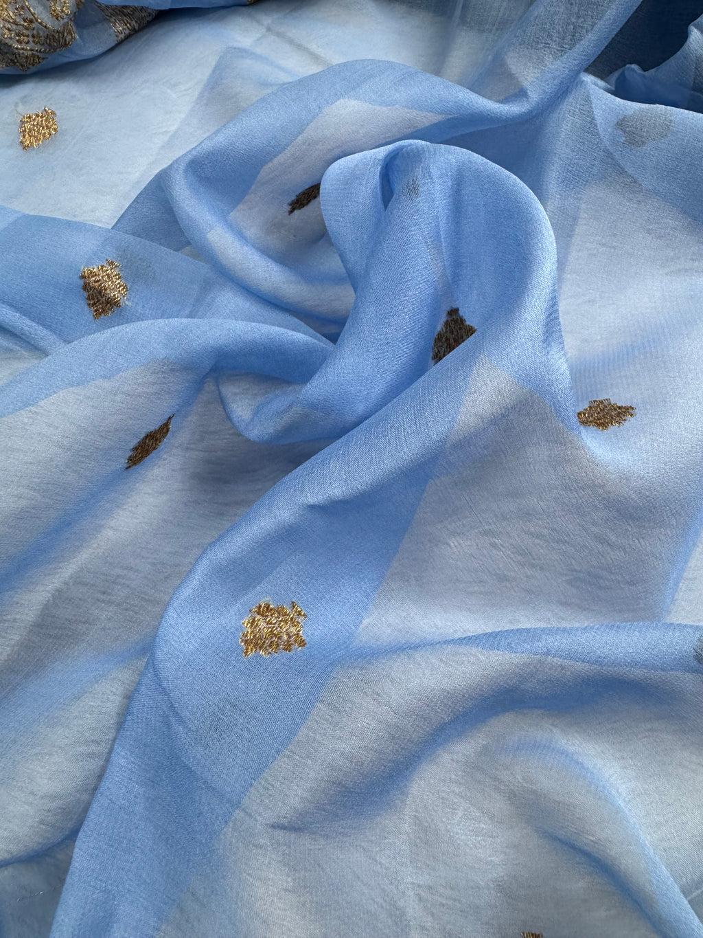 Powder Blue Pure khaddi Chiffon Silk Banarasi Saree Pure Antique Zari Work