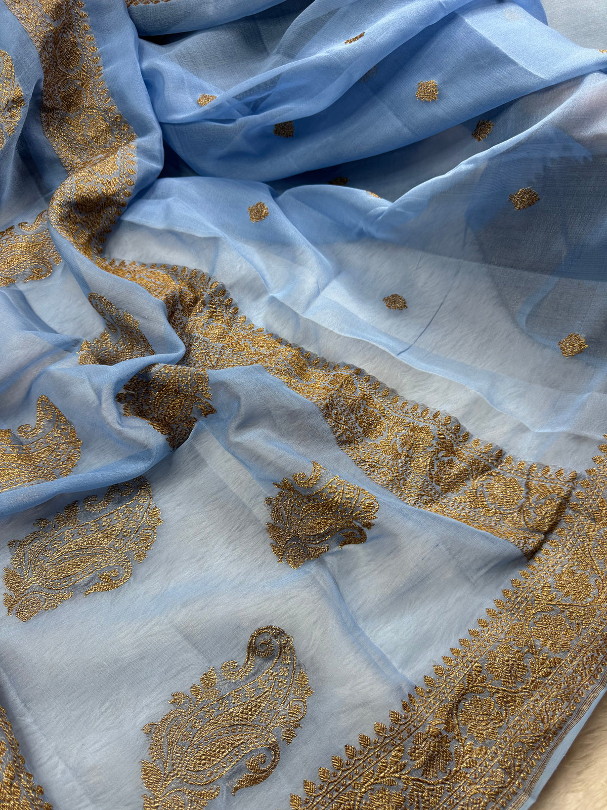 Powder Blue Pure khaddi Chiffon Silk Banarasi Saree Pure Antique Zari Work