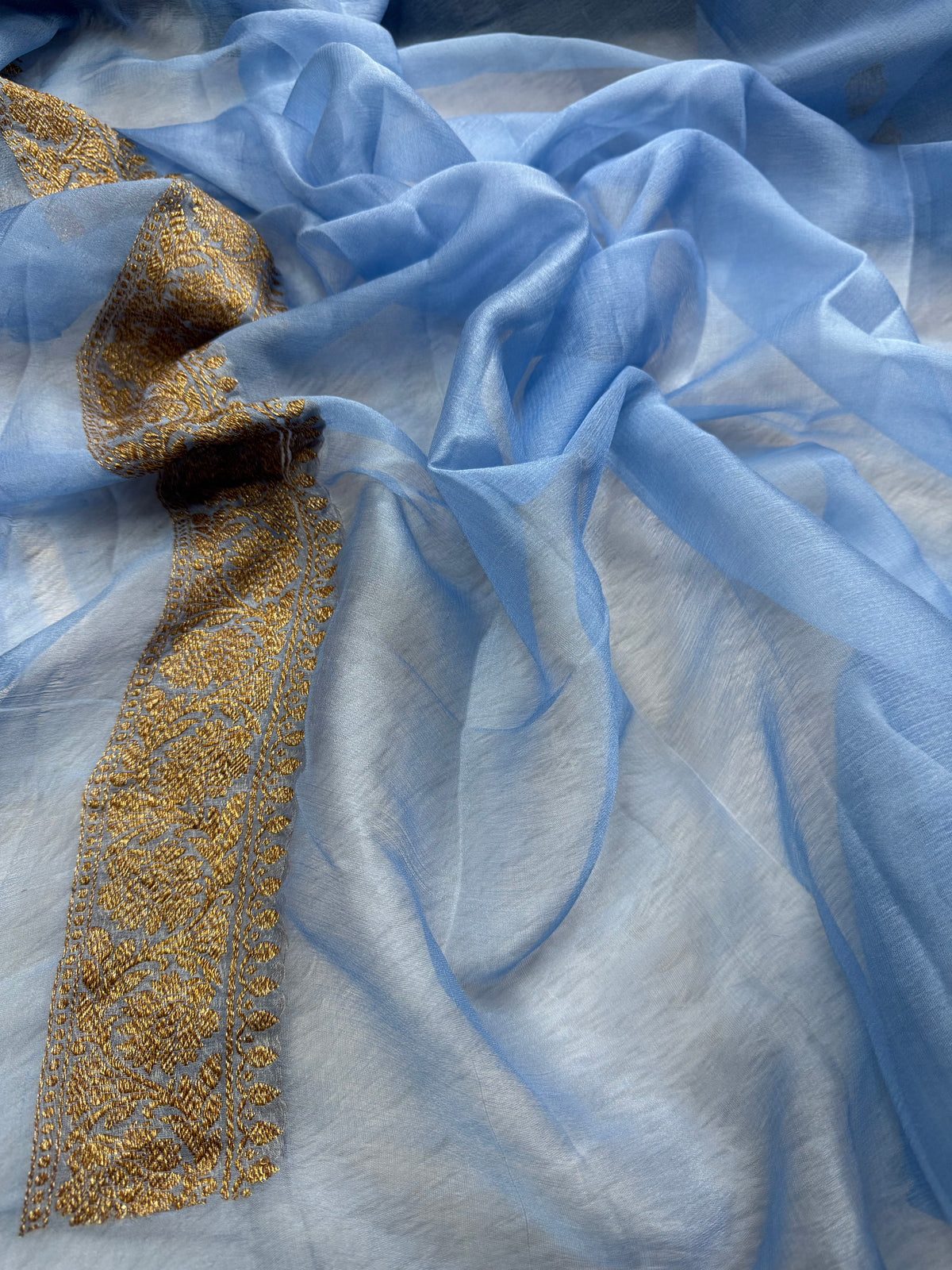 Powder Blue Pure khaddi Chiffon Silk Banarasi Saree Pure Antique Zari Work