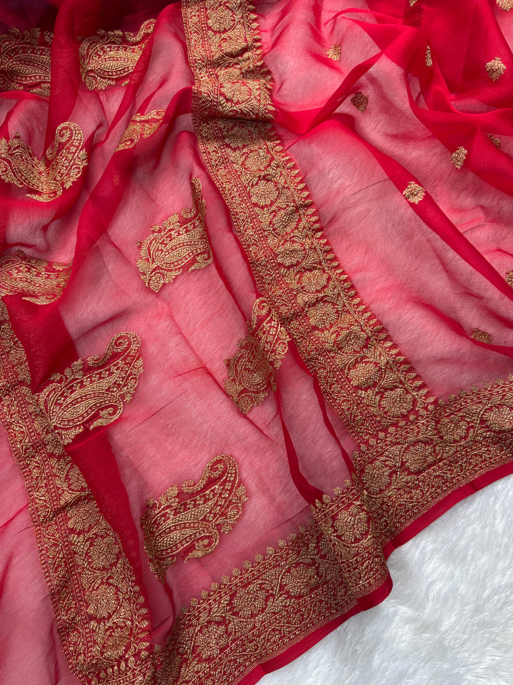 Red Pure khaddi Chiffon Silk Banarasi Saree Pure Antique Zari Work