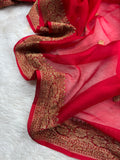 Red Pure khaddi Chiffon Silk Banarasi Saree Pure Antique Zari Work
