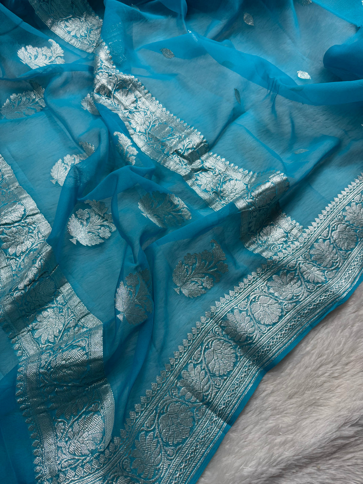 Sky Blue Pure Khaddi Chiffon Silk Banarasi Saree Pure Silver Zari Work