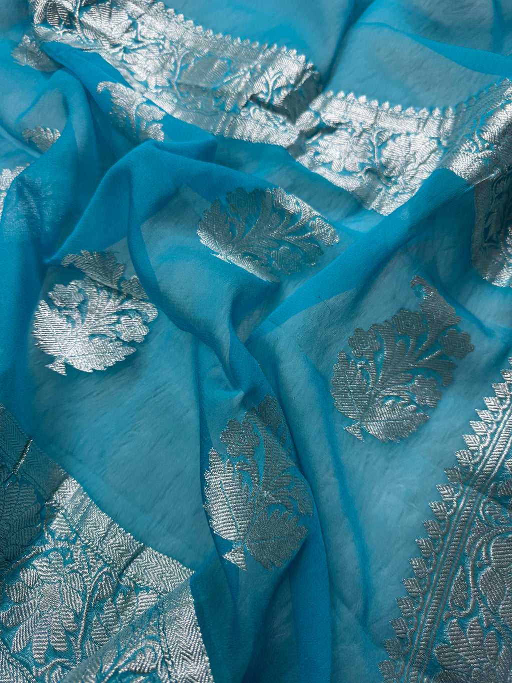 Sky Blue Pure Khaddi Chiffon Silk Banarasi Saree Pure Silver Zari Work