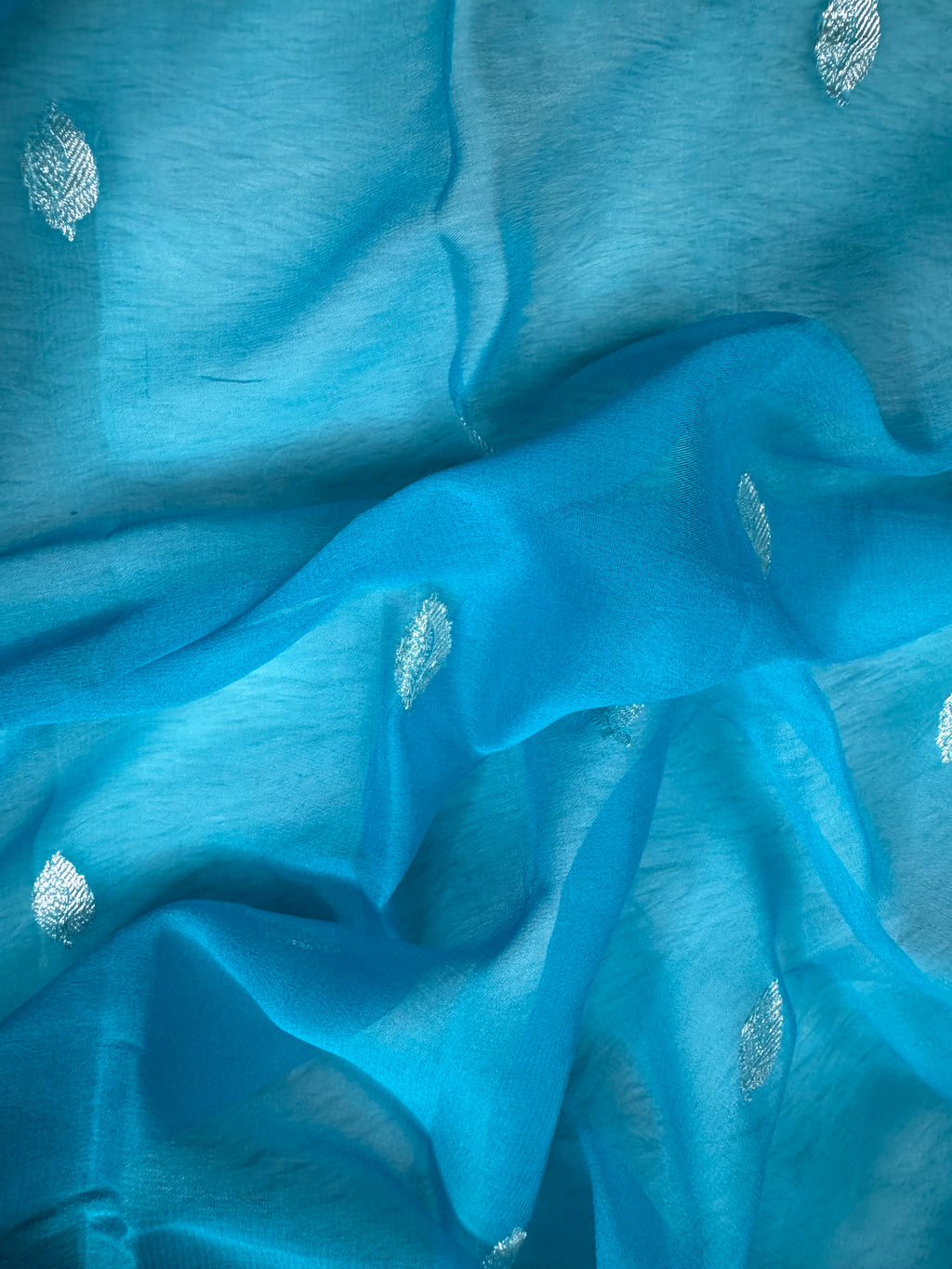 Sky Blue Pure Khaddi Chiffon Silk Banarasi Saree Pure Silver Zari Work