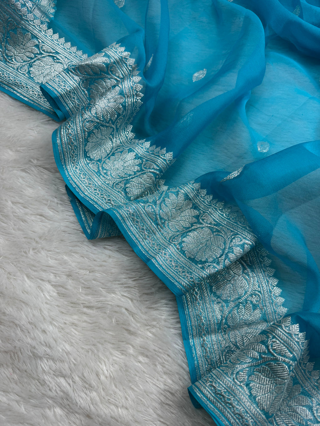 Sky Blue Pure Khaddi Chiffon Silk Banarasi Saree Pure Silver Zari Work