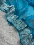 Sky Blue Pure Khaddi Chiffon Silk Banarasi Saree Pure Silver Zari Work