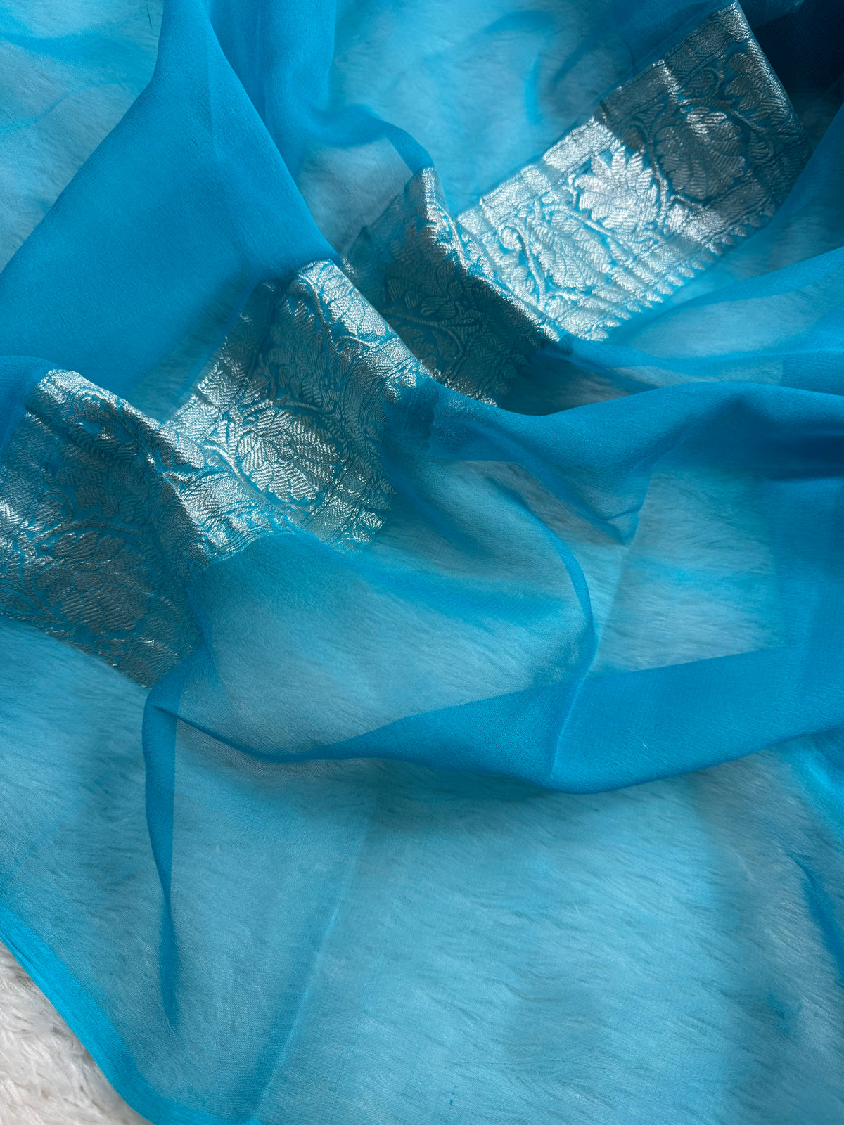 Sky Blue Pure Khaddi Chiffon Silk Banarasi Saree Pure Silver Zari Work