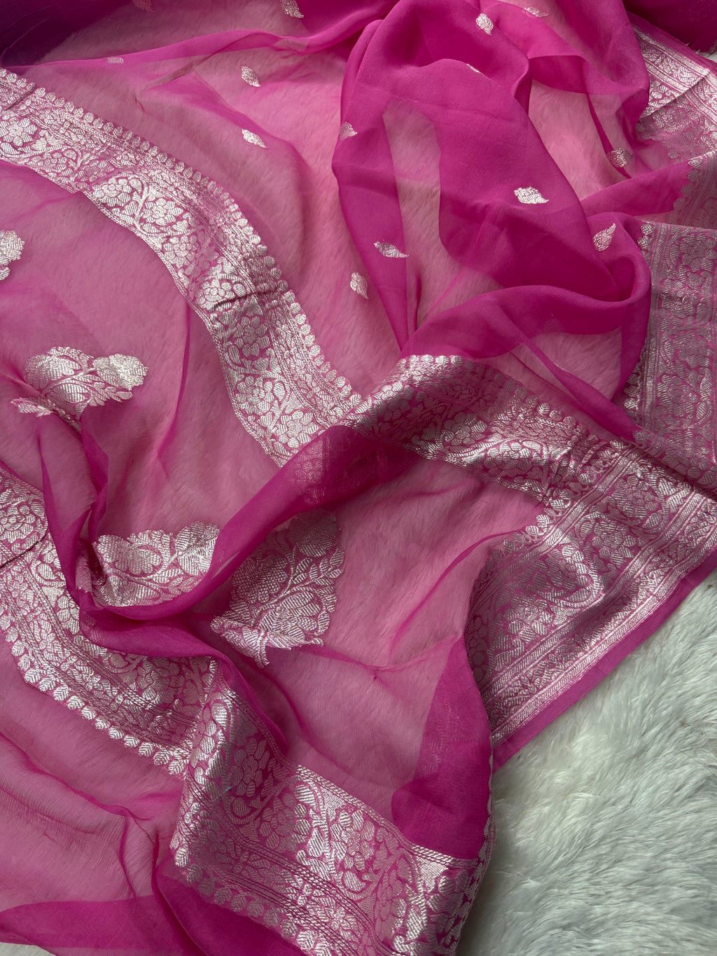 Fuchsia Pink Pure Khaddi Chiffon Silk Banarasi Saree Pure Silver Silver Zari Work