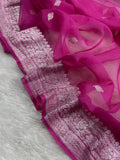 Fuchsia Pink Pure Khaddi Chiffon Silk Banarasi Saree Pure Silver Silver Zari Work