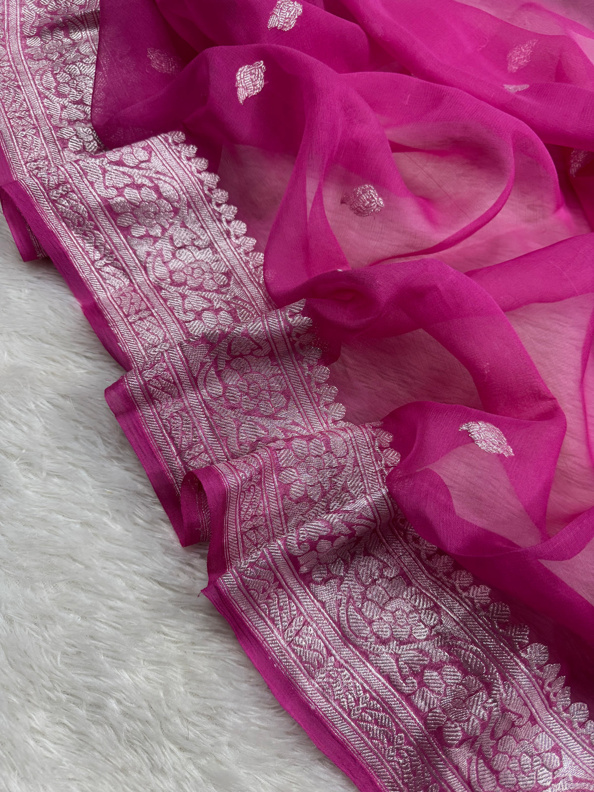 Fuchsia Pink Pure Khaddi Chiffon Silk Banarasi Saree Pure Silver Silver Zari Work