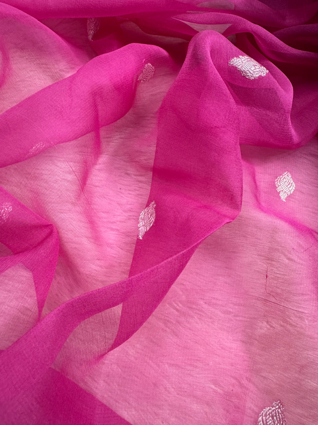 Fuchsia Pink Pure Khaddi Chiffon Silk Banarasi Saree Pure Silver Silver Zari Work