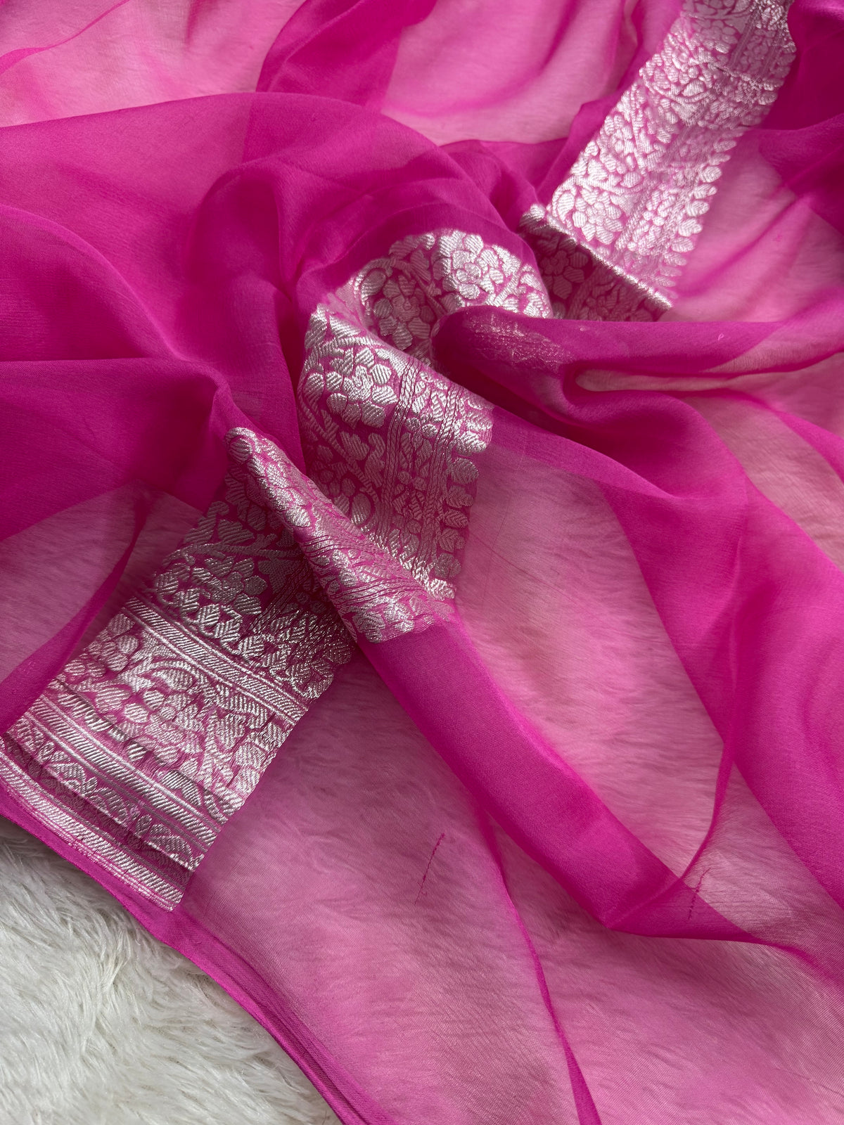Fuchsia Pink Pure Khaddi Chiffon Silk Banarasi Saree Pure Silver Silver Zari Work