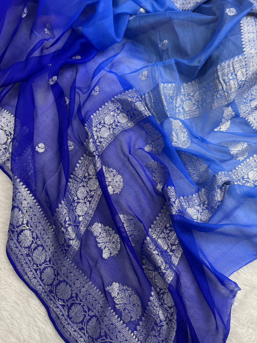 Royal Shade Half & Half Pure Khaddi Chiffon Silk Banarasi Saree Pure Silver Zari Work