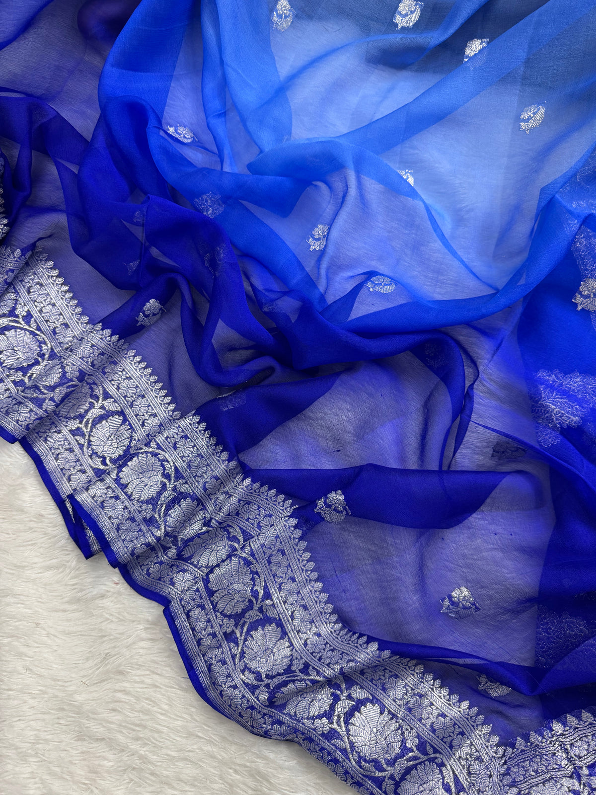 Royal Shade Half & Half Pure Khaddi Chiffon Silk Banarasi Saree Pure Silver Zari Work