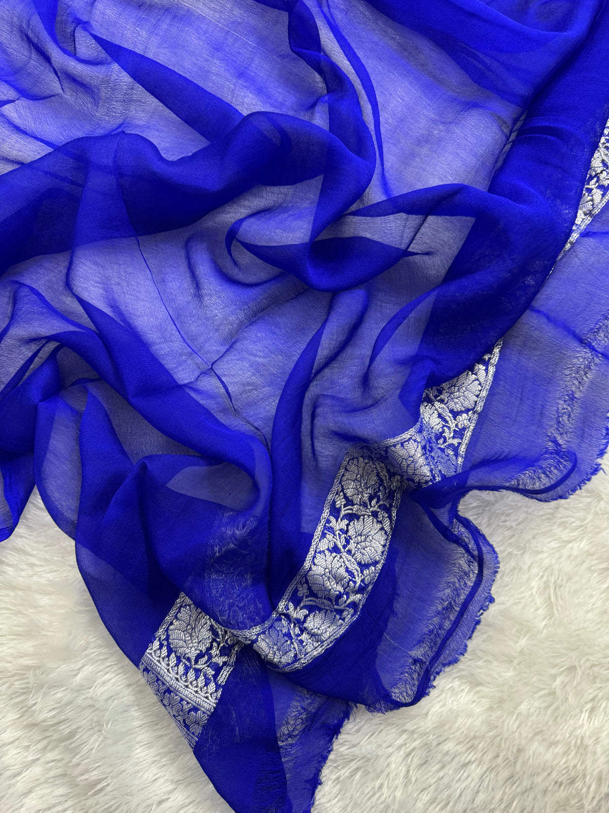 Royal Shade Half & Half Pure Khaddi Chiffon Silk Banarasi Saree Pure Silver Zari Work