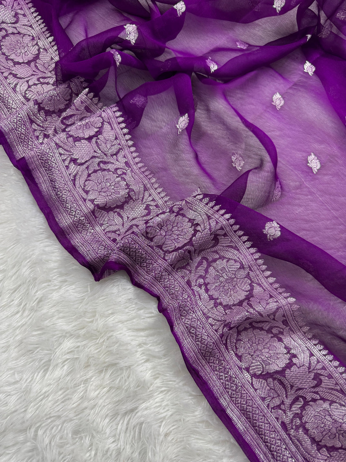 Jamuni Pure Khaddi Chiffon Silk Banarasi Saree Pure Silver Zari Work