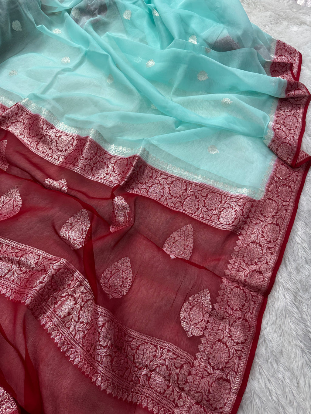 Light Sea Green & Red Pure Khaddi Chiffon Silk Banarasi Saree