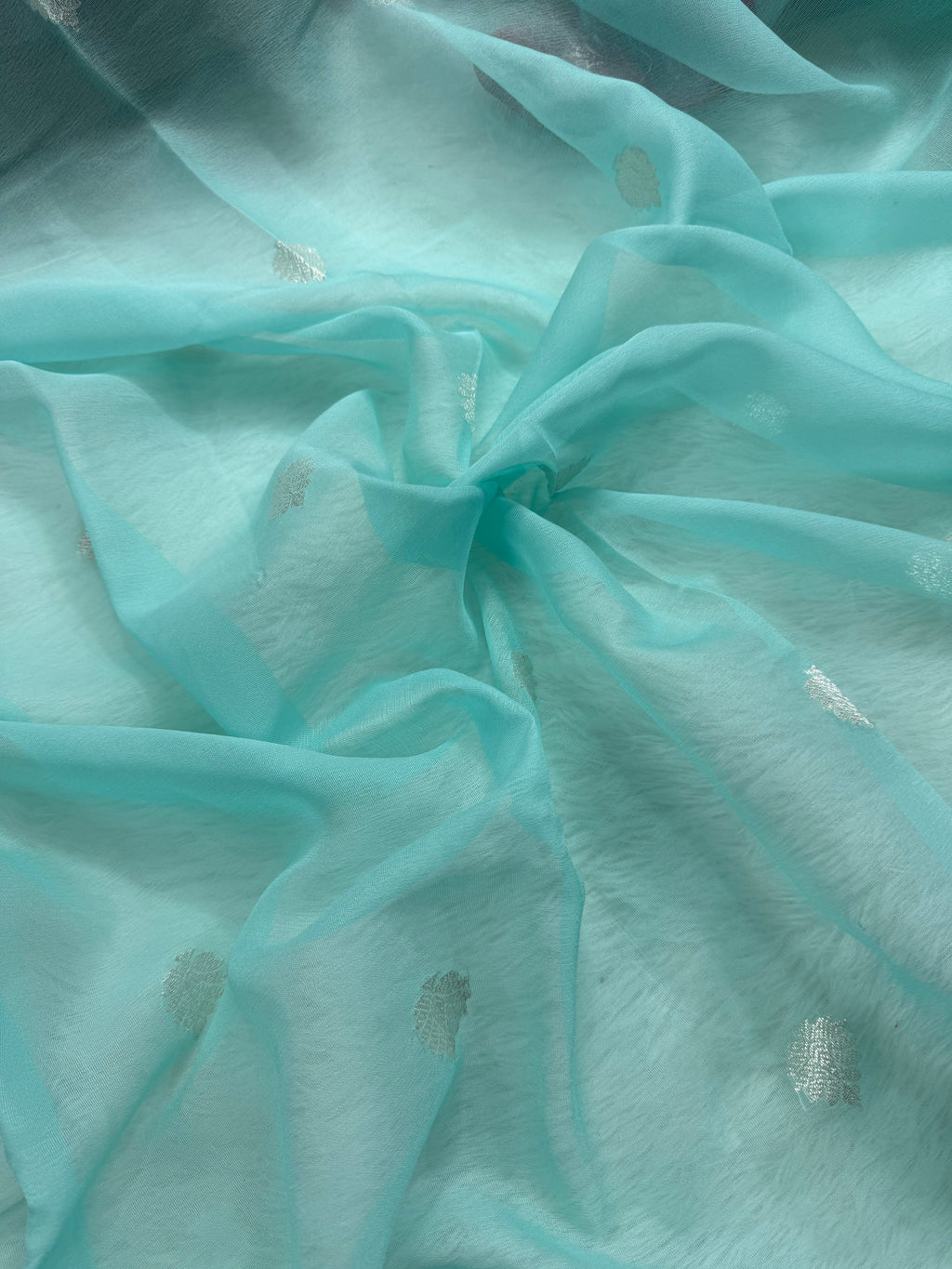 Light Sea Green & Red Pure Khaddi Chiffon Silk Banarasi Saree