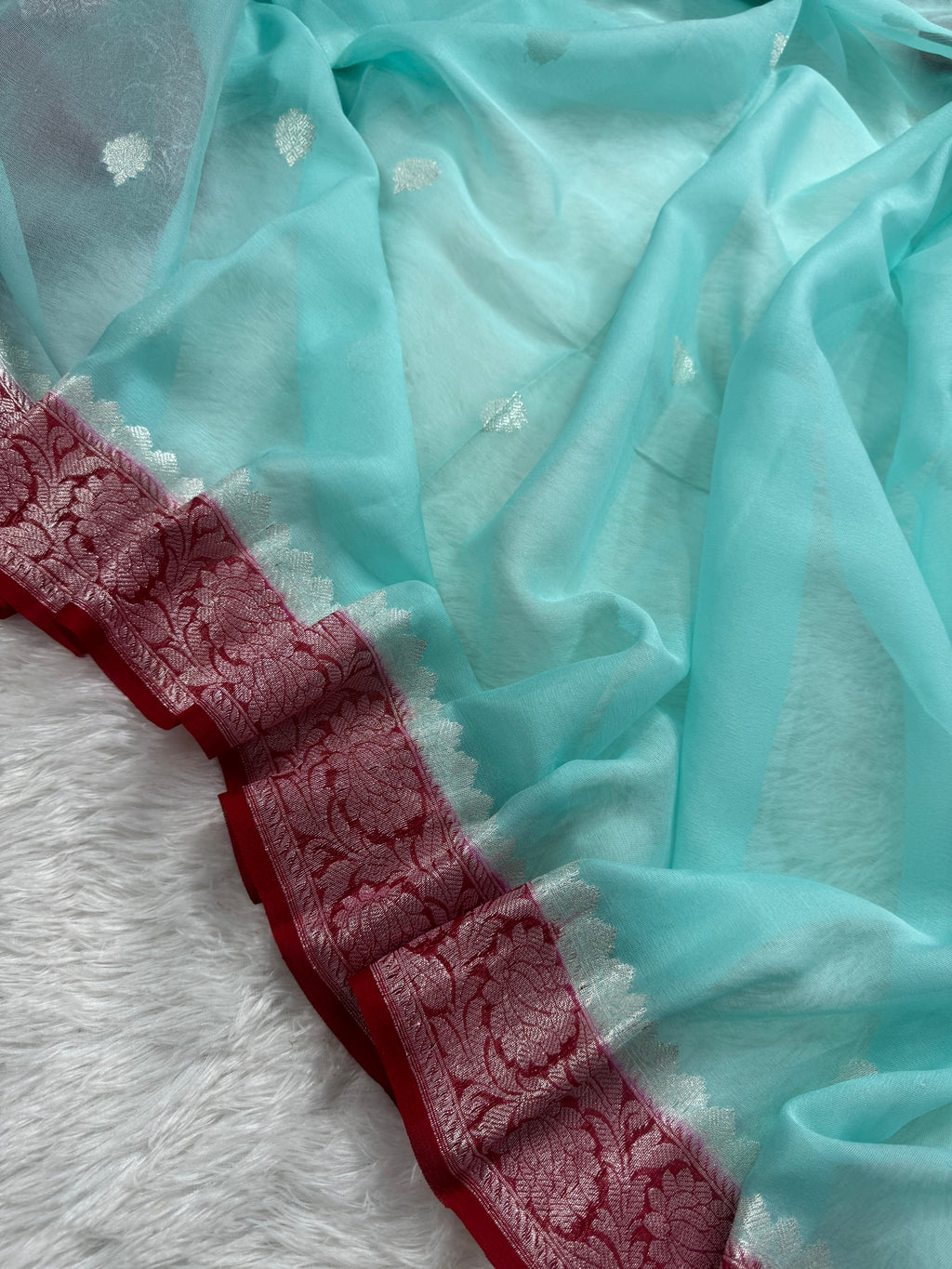 Light Sea Green & Red Pure Khaddi Chiffon Silk Banarasi Saree