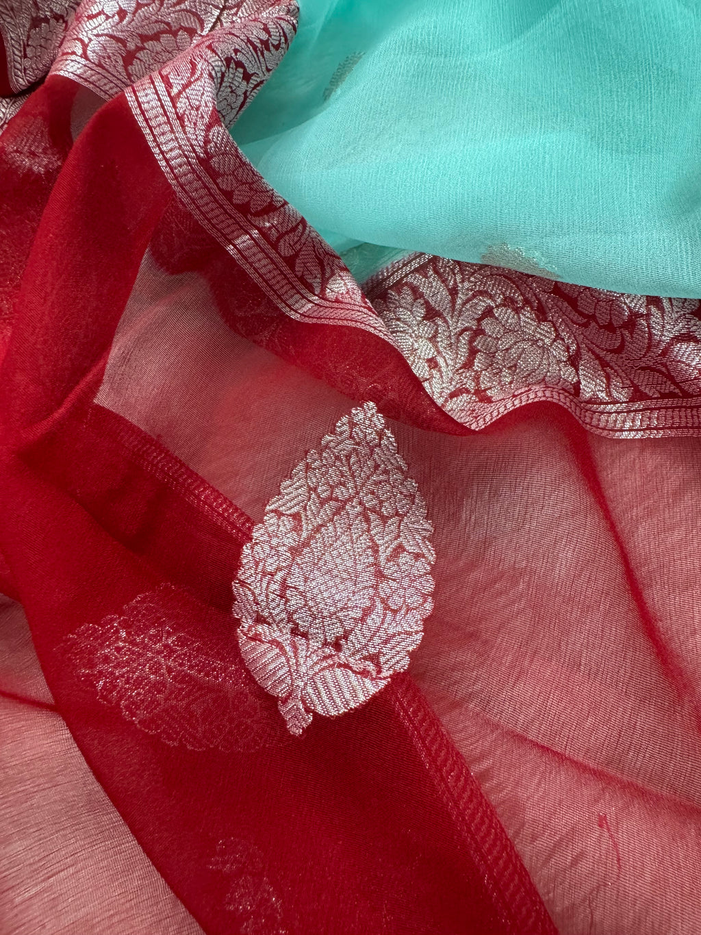 Light Sea Green & Red Pure Khaddi Chiffon Silk Banarasi Saree