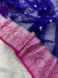 Royal Blue & Rani Pink Pure Khaddi Chiffon Silk Banarasi Saree Pure Silver Zari