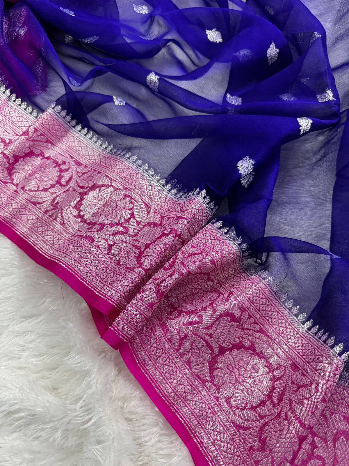 Royal Blue & Rani Pink Pure Khaddi Chiffon Silk Banarasi Saree Pure Silver Zari