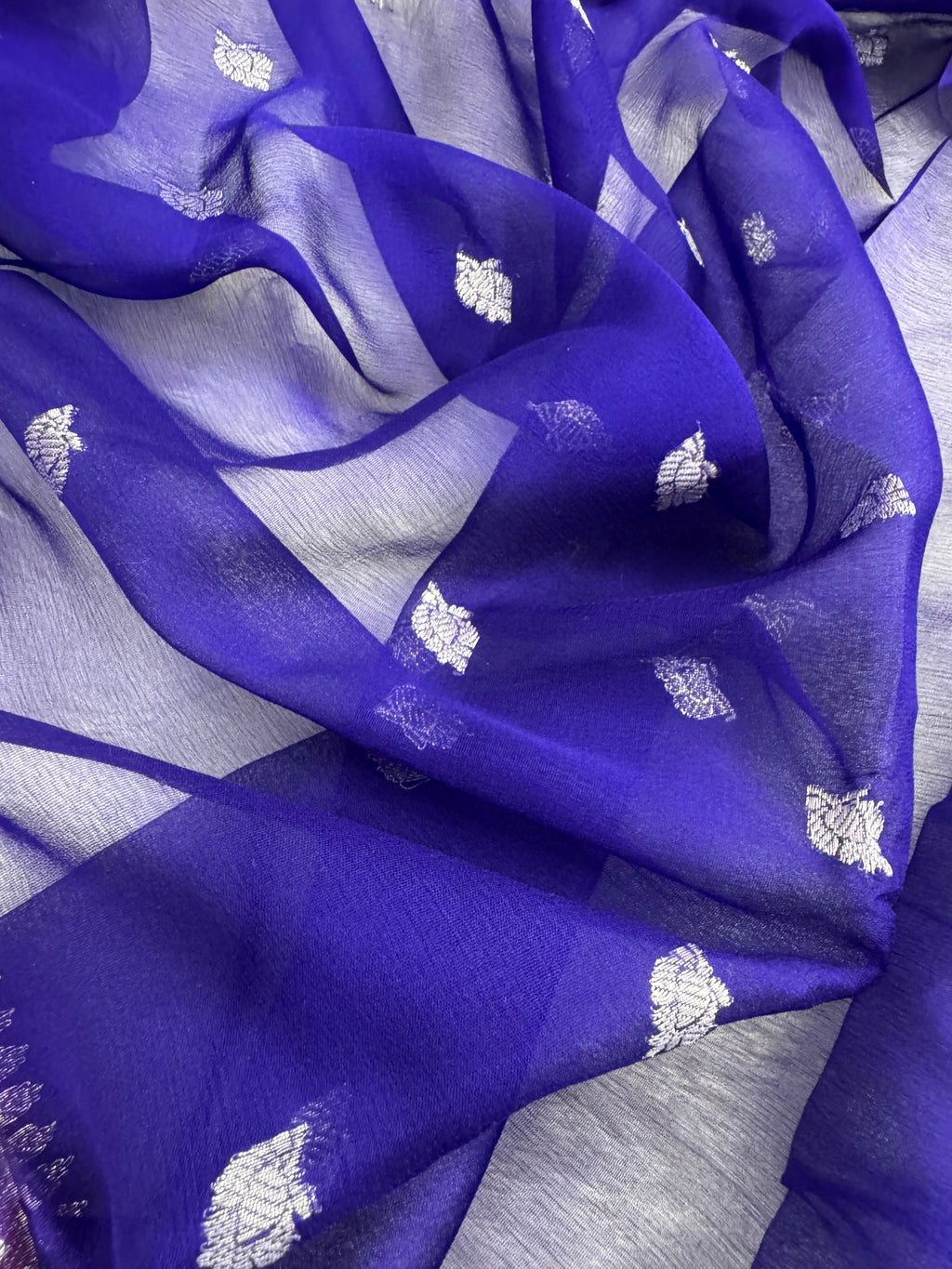 Royal Blue & Rani Pink Pure Khaddi Chiffon Silk Banarasi Saree Pure Silver Zari