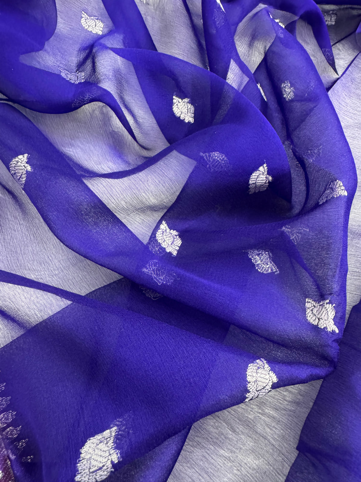Royal Blue & Rani Pink Pure Khaddi Chiffon Silk Banarasi Saree Pure Silver Zari