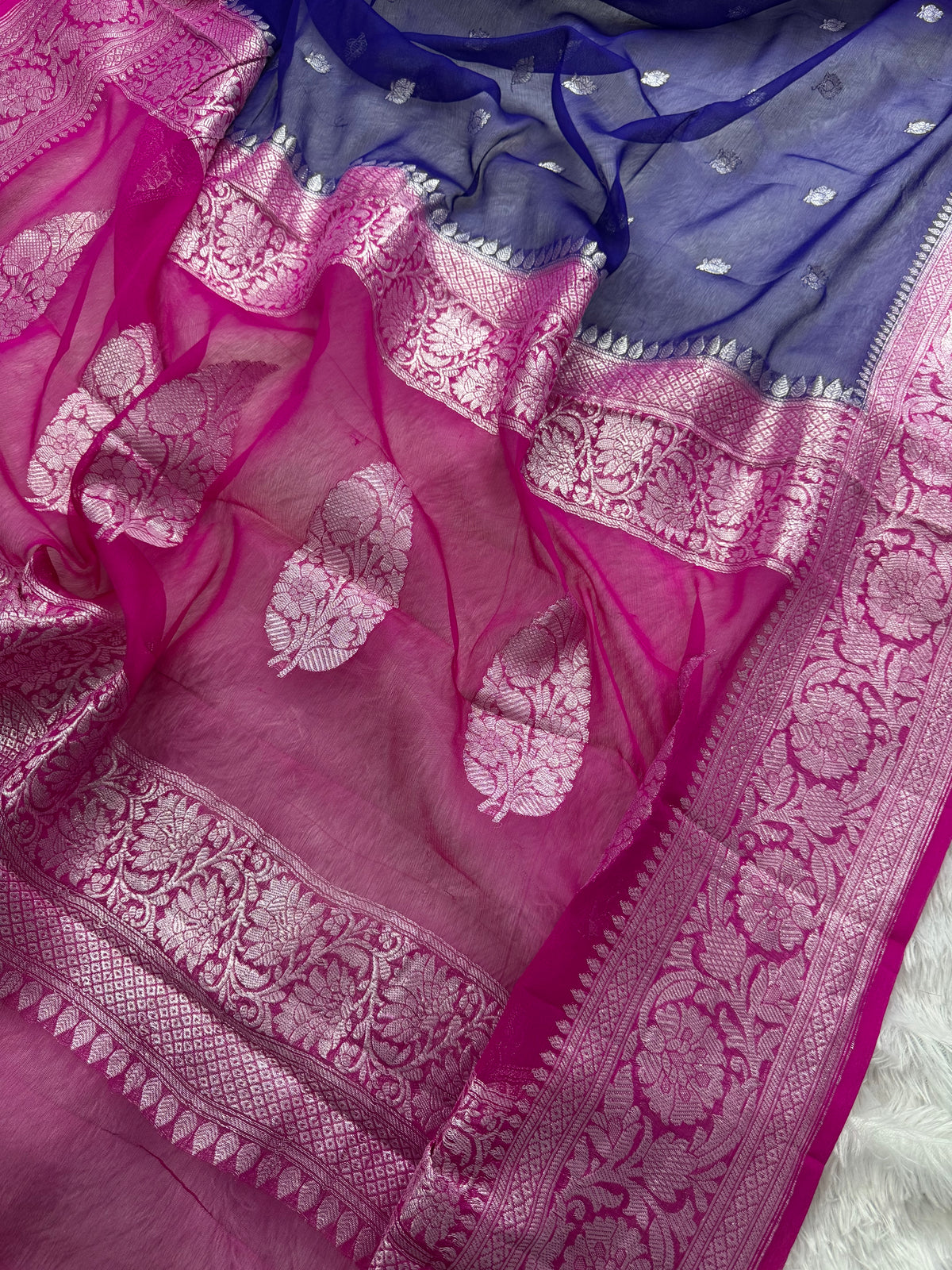 Royal Blue & Rani Pink Pure Khaddi Chiffon Silk Banarasi Saree Pure Silver Zari