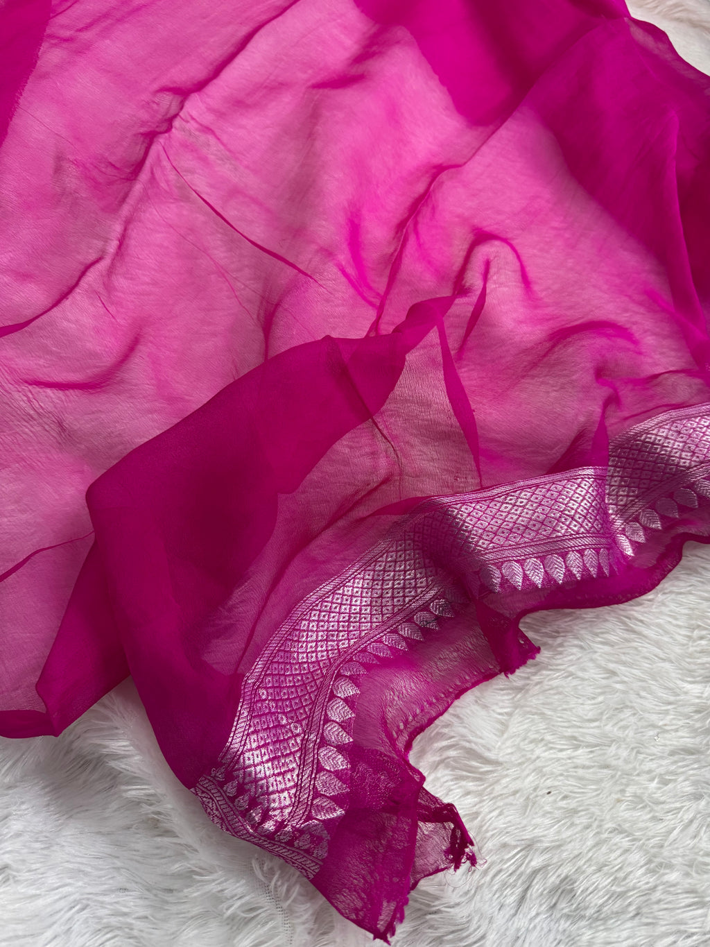 Royal Blue & Rani Pink Pure Khaddi Chiffon Silk Banarasi Saree Pure Silver Zari