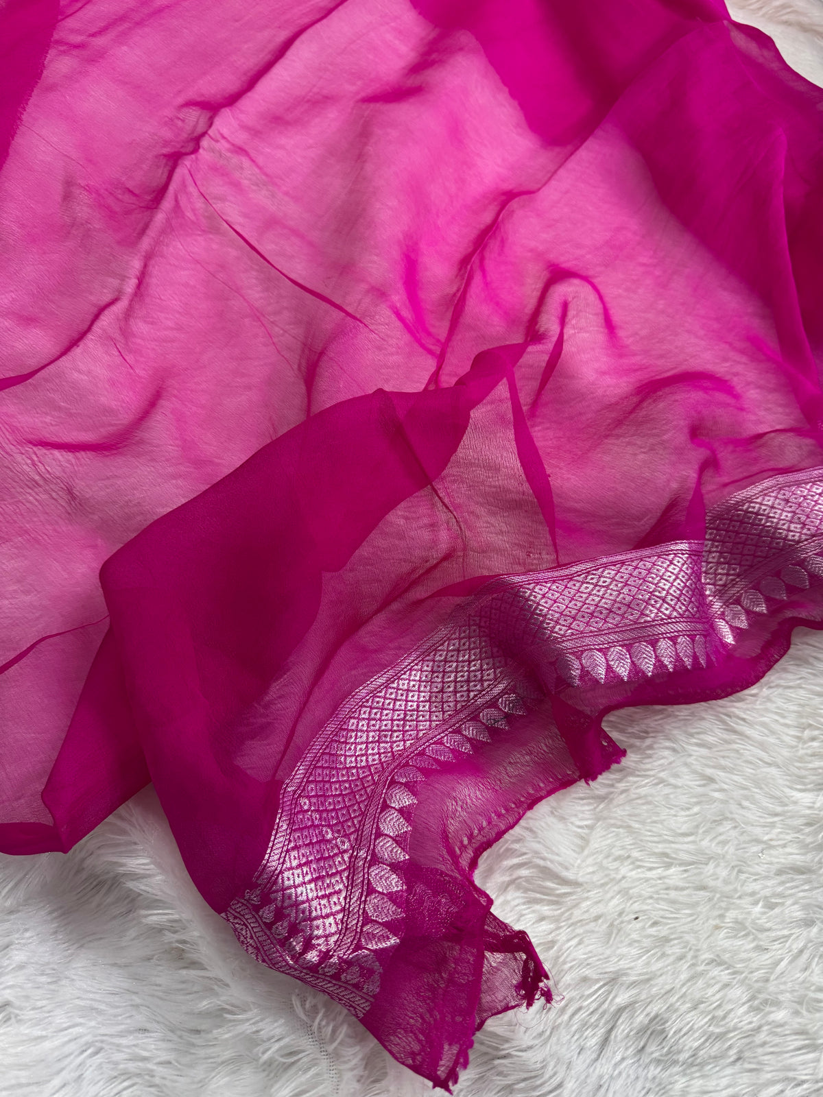 Royal Blue & Rani Pink Pure Khaddi Chiffon Silk Banarasi Saree Pure Silver Zari