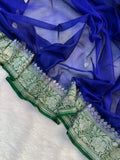 Royal Blue & Green Pure Khaddi Chiffon Silk Banarasi Saree Pure Silver Zari Work