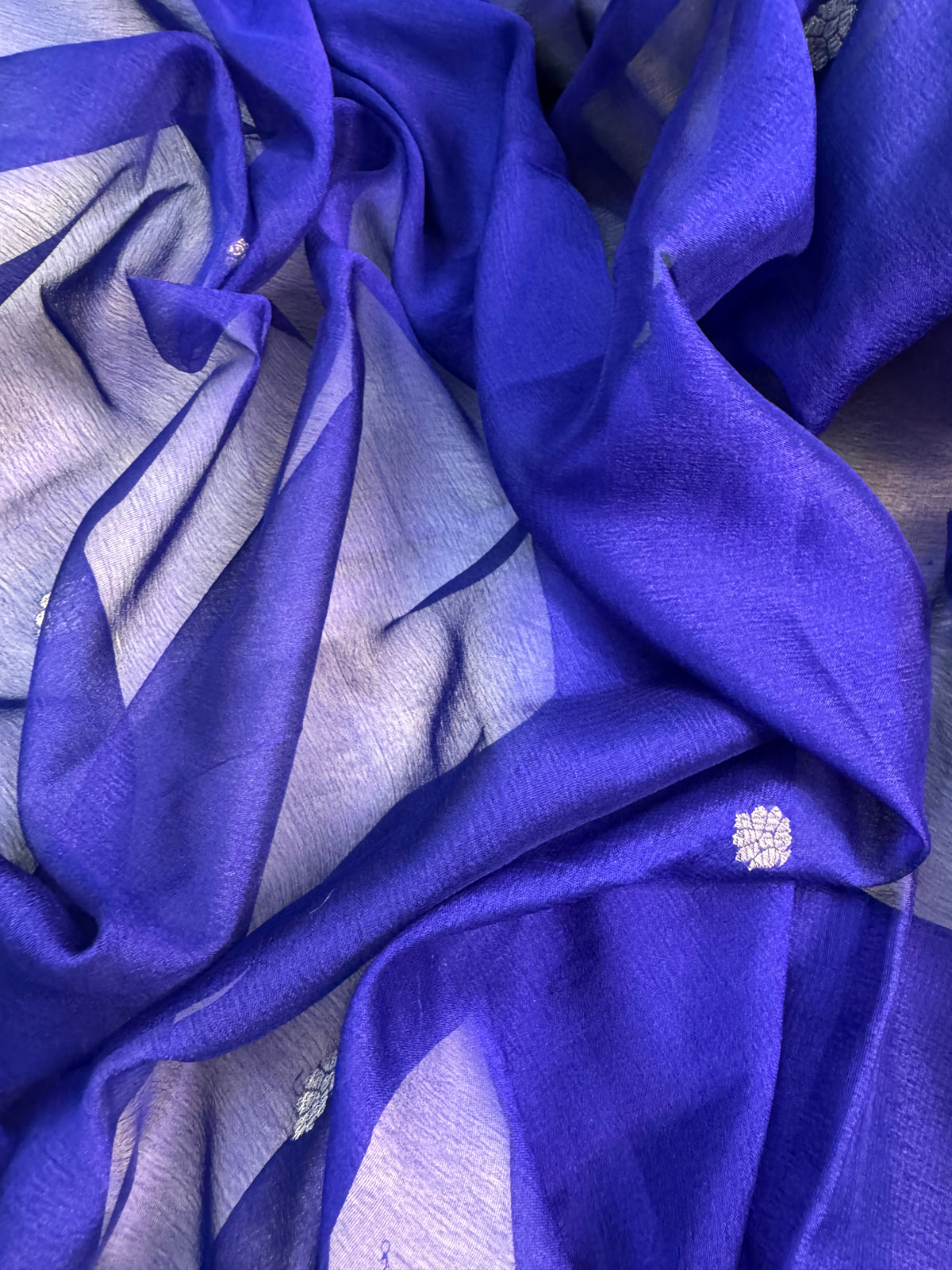 Royal Blue & Green Pure Khaddi Chiffon Silk Banarasi Saree Pure Silver Zari Work