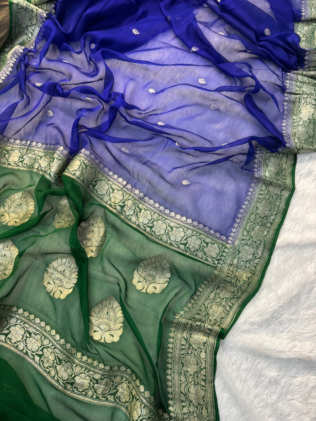 Royal Blue & Green Pure Khaddi Chiffon Silk Banarasi Saree Pure Silver Zari Work