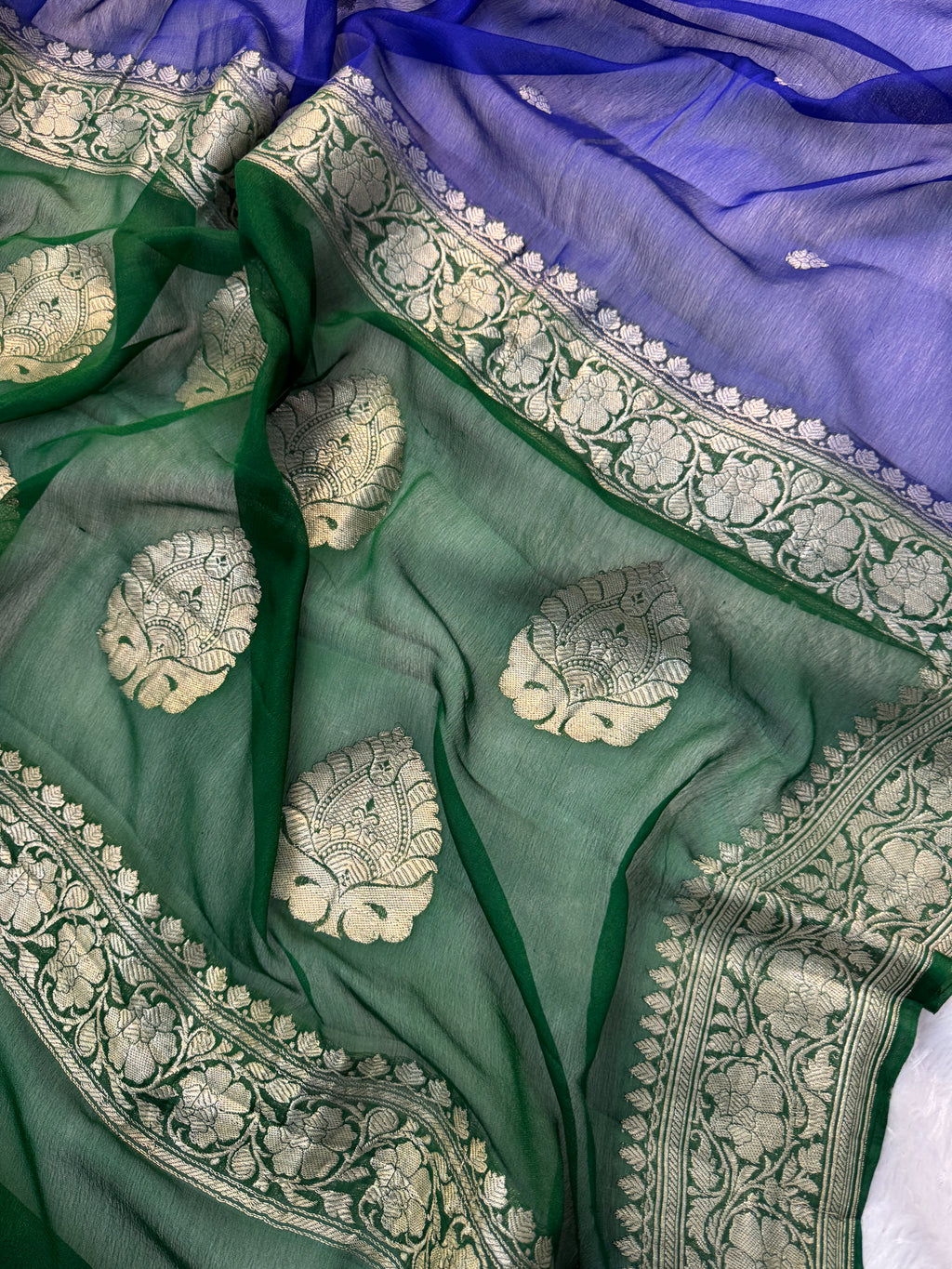 Royal Blue & Green Pure Khaddi Chiffon Silk Banarasi Saree Pure Silver Zari Work
