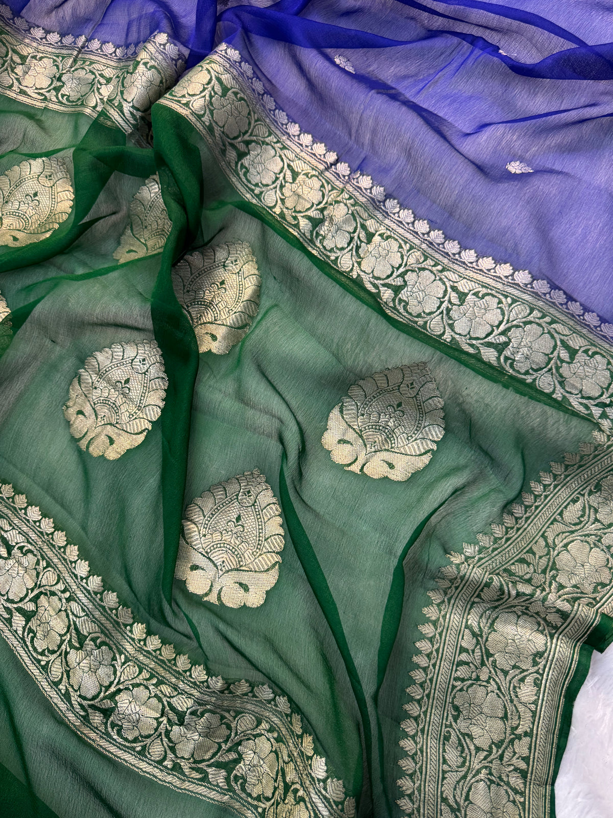 Royal Blue & Green Pure Khaddi Chiffon Silk Banarasi Saree Pure Silver Zari Work