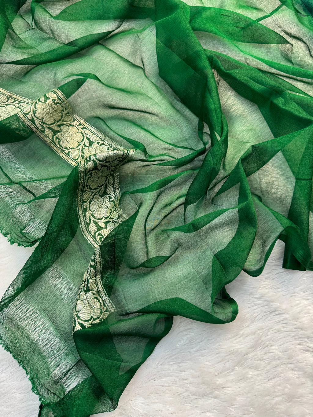 Royal Blue & Green Pure Khaddi Chiffon Silk Banarasi Saree Pure Silver Zari Work