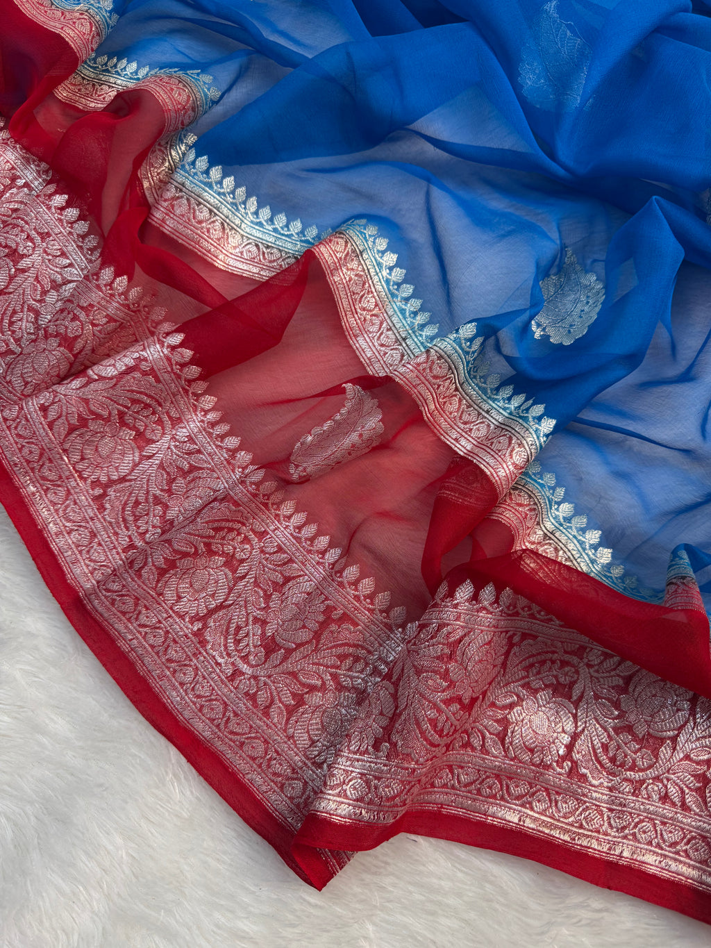 Azure Blue & Red Double Borders Pure Khaddi Pure Silver Zari Work
