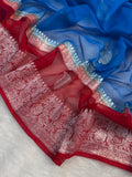 Azure Blue & Red Double Borders Pure Khaddi Pure Silver Zari Work