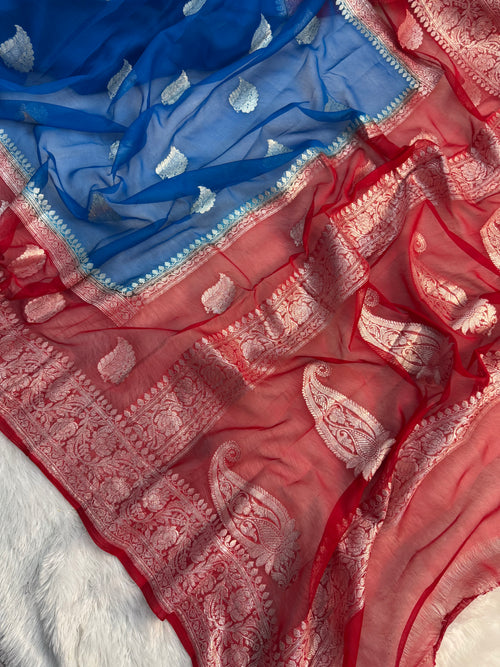 Azure Blue & Red Double Borders Pure Khaddi Pure Silver Zari Work
