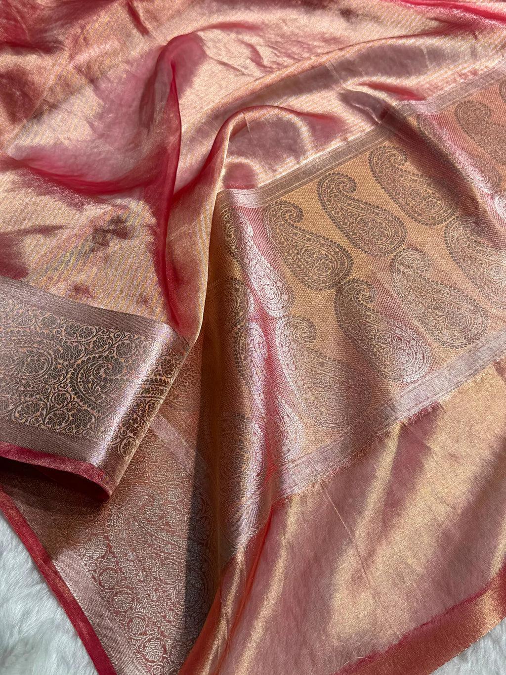 Banarasi Pastel Peach Shades Strip Pure Tissue Silk Saree