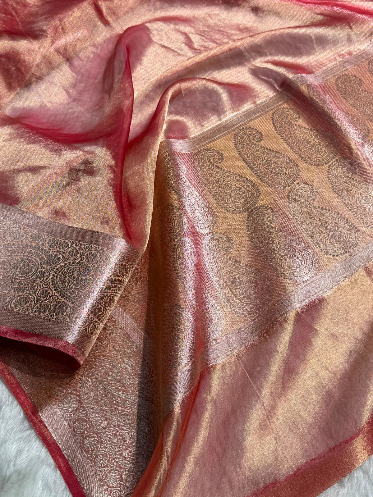 Banarasi Pastel Peach Shades Strip Pure Tissue Silk Saree