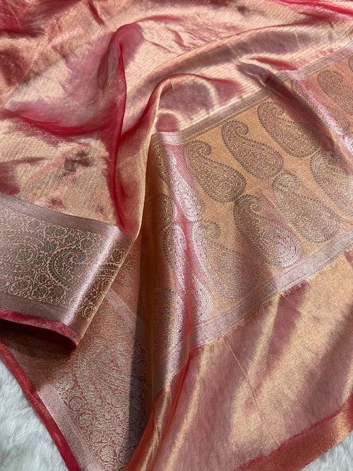 Banarasi Pastel Peach Shades Strip Pure Tissue Silk Saree