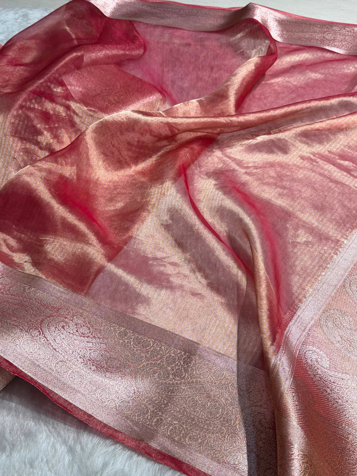Banarasi Pastel Peach Shades Strip Pure Tissue Silk Saree