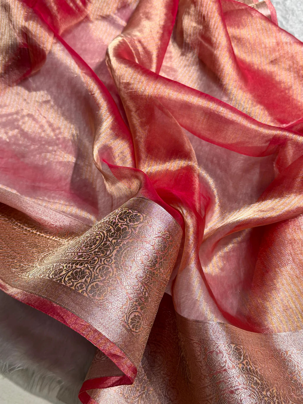 Banarasi Pastel Peach Shades Strip Pure Tissue Silk Saree