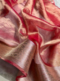 Banarasi Pastel Peach Shades Strip Pure Tissue Silk Saree