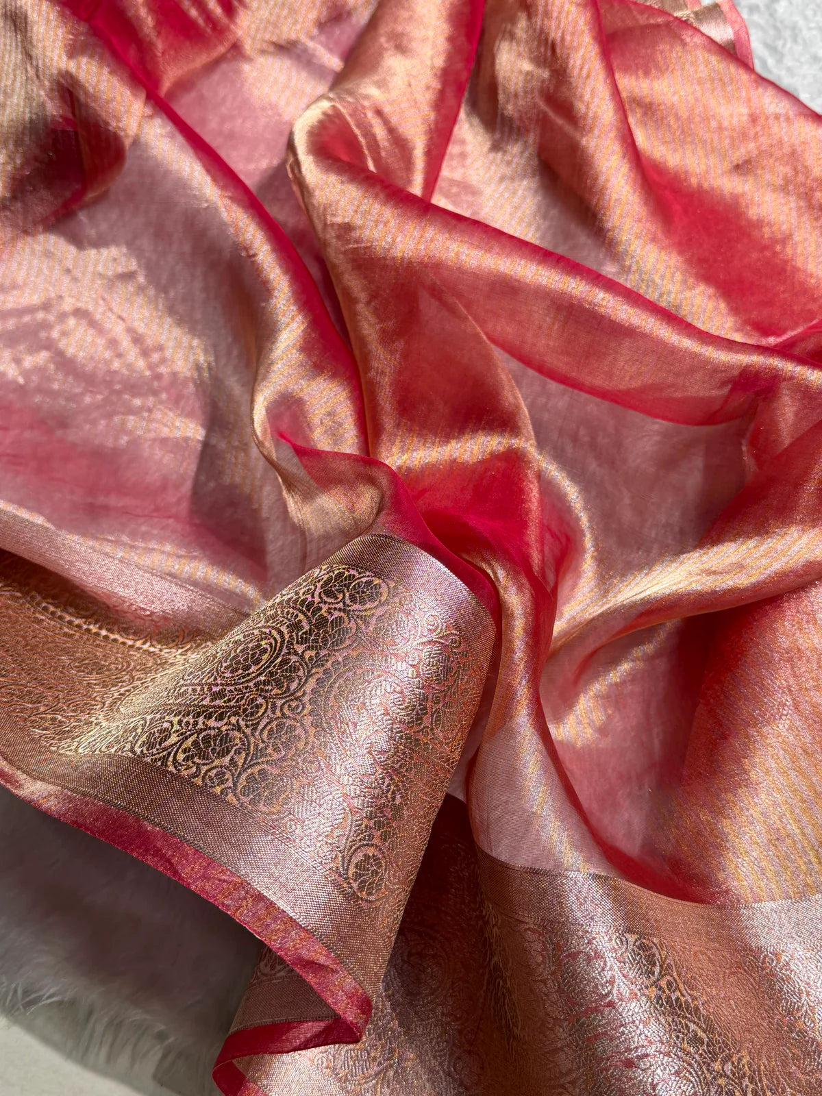 Banarasi Pastel Peach Shades Strip Pure Tissue Silk Saree