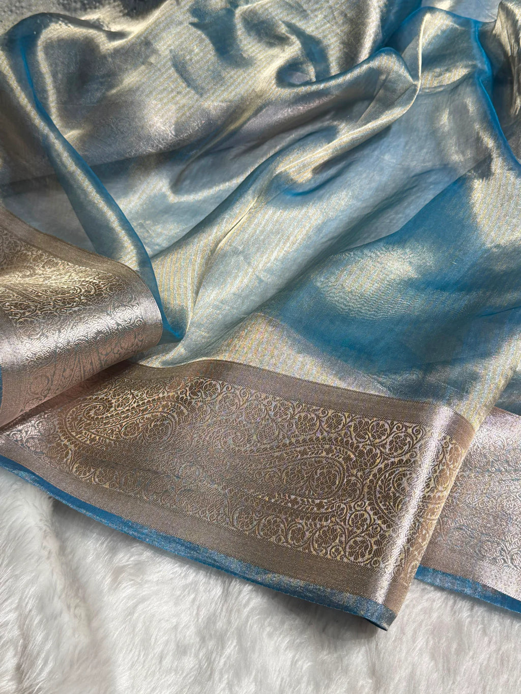 Banarasi Pastel Blue Shades Strip Pure Tissue Silk Saree
