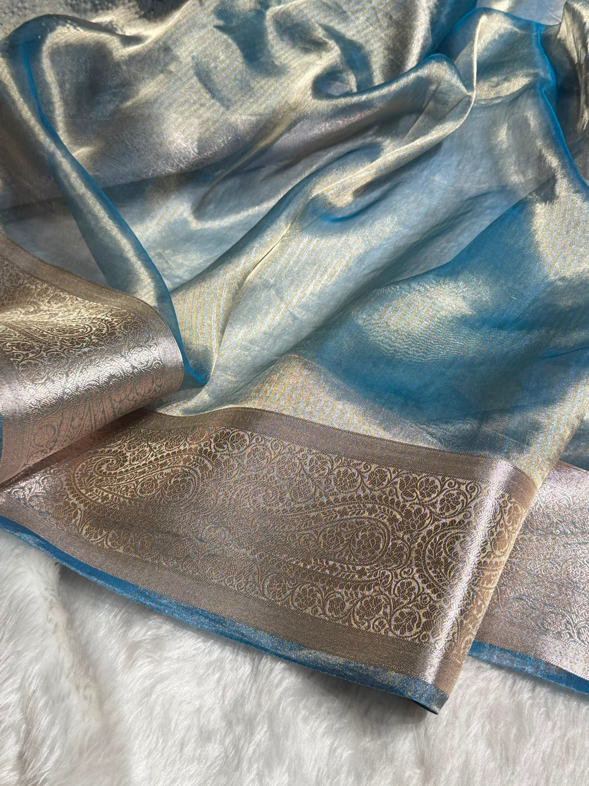 Banarasi Pastel Blue Shades Strip Pure Tissue Silk Saree