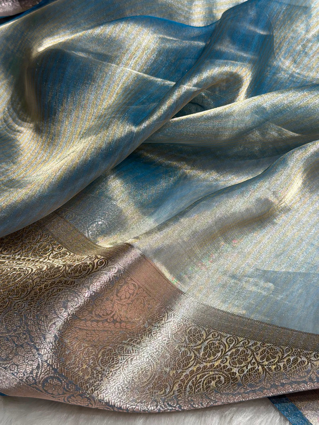 Banarasi Pastel Blue Shades Strip Pure Tissue Silk Saree